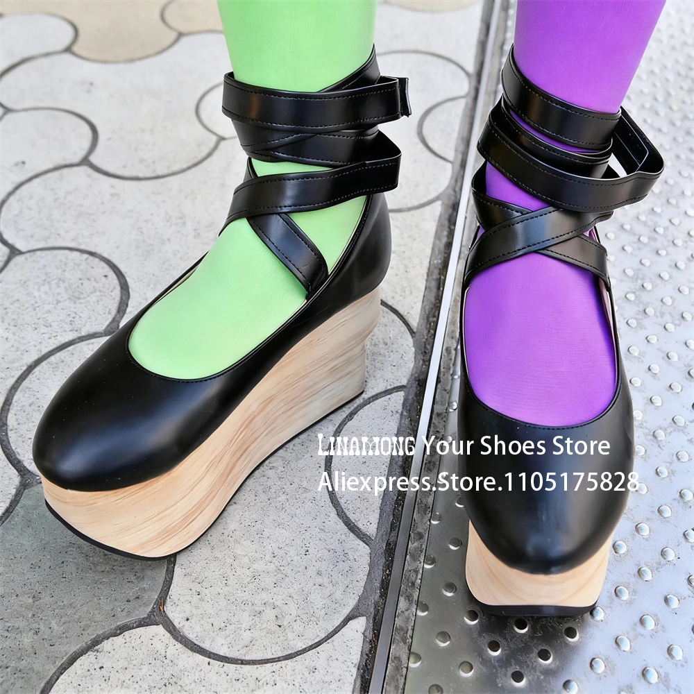 Black PU Leather Rocking Horse Shoes Strange Heel Ankle Strap Lolita Shoes Kawaii Style Kimono Cosplay High Heels Customizable