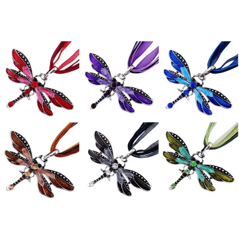 Vintage Dragonfly Silk Ribbon Necklace Creative Design Metal Insect Butterfly Pendant Necklace for Women Jewelry Wholesale