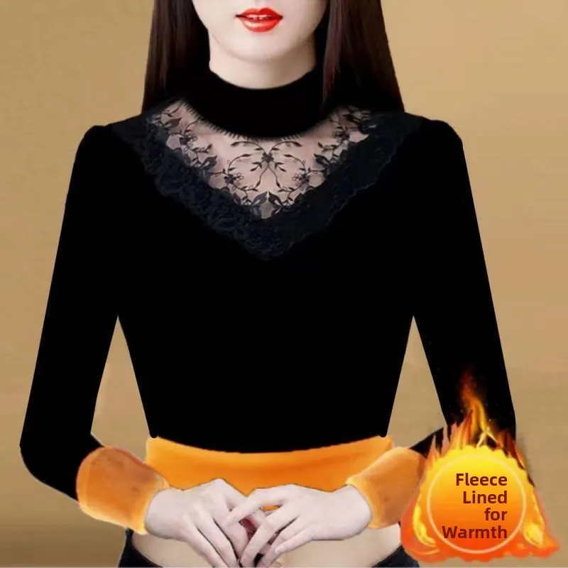 Thickened Fleece Long Sleeve Base Shirt Women's Autumn Winter Yellow Fluffy Lace Mesh Half High Collar plus Size Warm Top