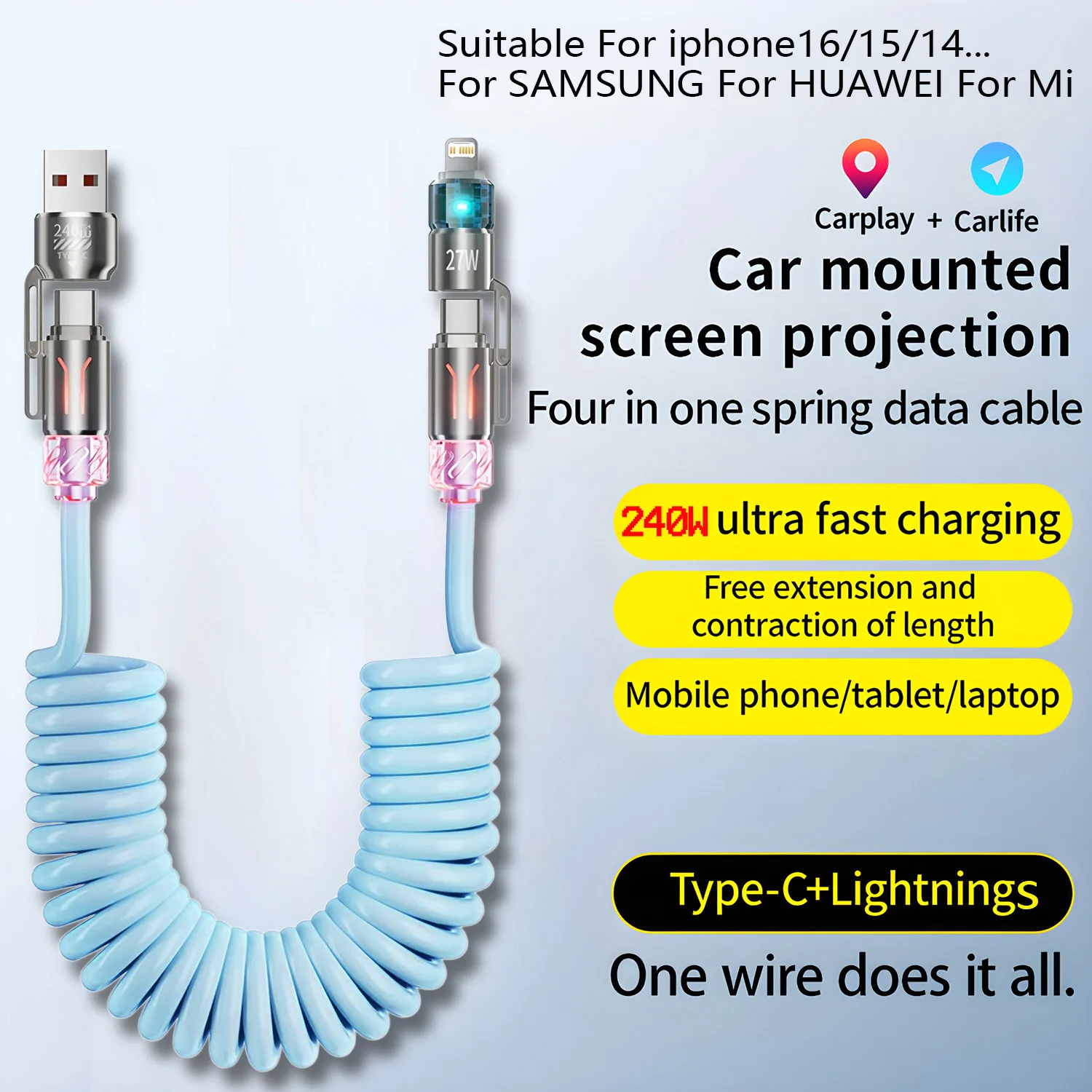 240W Spring 4 in 1 Fast Charging Cable,USB A/C to USB C/L,Multi Functiona Retractable Cord for iPhone 17/16,Samsung Galaxy S25