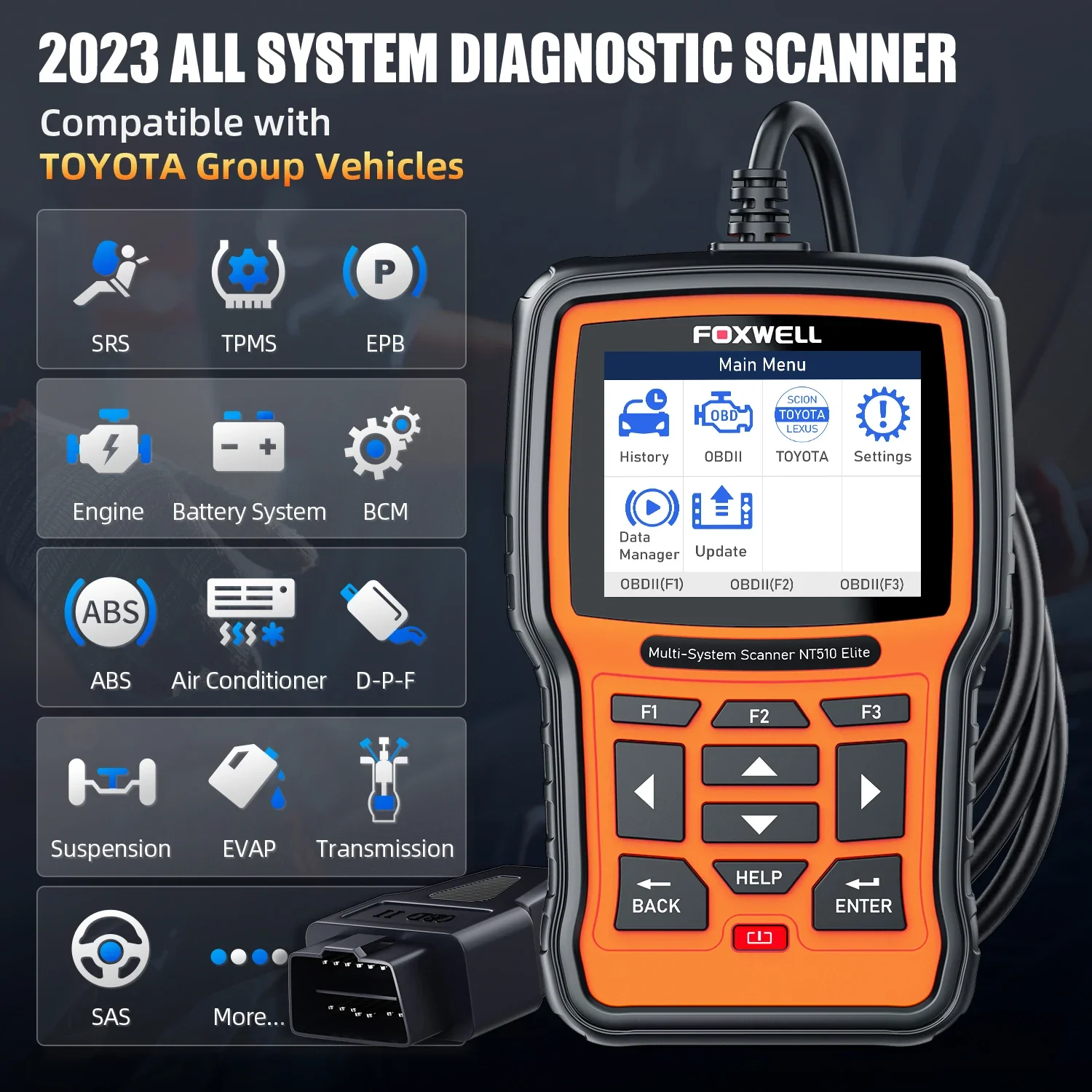 FOXWELL NT510 Elite Scan Tool fit for Car Scanner Full Diagnostic Tool OBD2 Scanner All System Bi-Directional Control Code Read