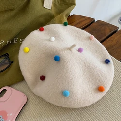 RH Girls Beanies Artist Painter Hat Sugar Bean Little Ball Woolen Felt Cute Sweet Women Beret Hat