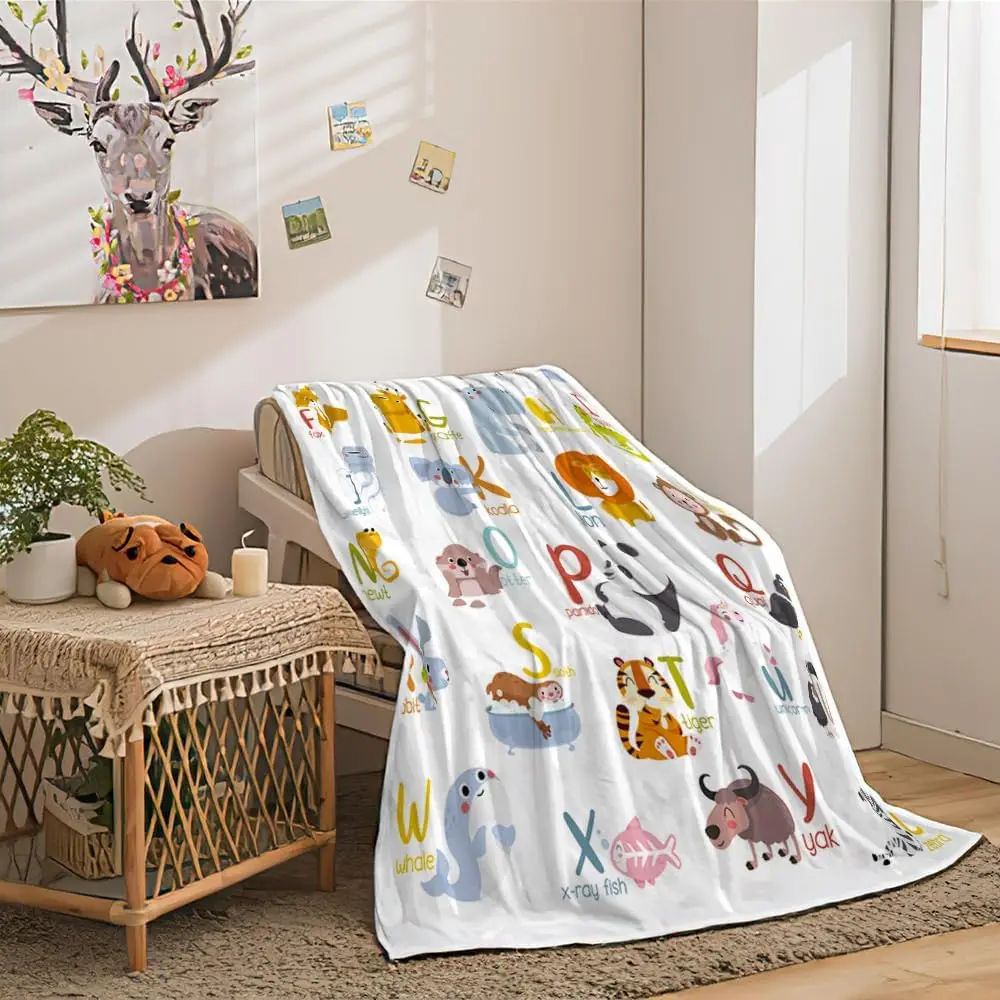 Animal Throw Blankets for Kids, Alphabet Learning Throw Blankets,Nursery Giraffe Zebra Monkey Cartoon Fleece Throw Blanket Kids