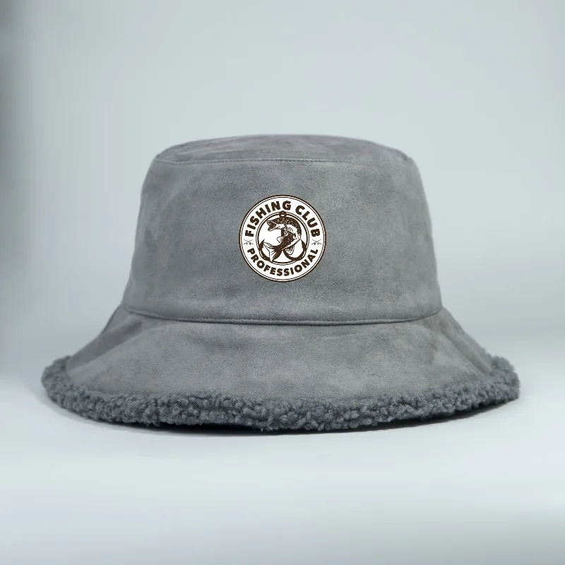 Reversible Fishing Bucket Hat Women Men Winter Warm Faux Suede Sherpa Fleece Fishing Club Emblem Cap Панама