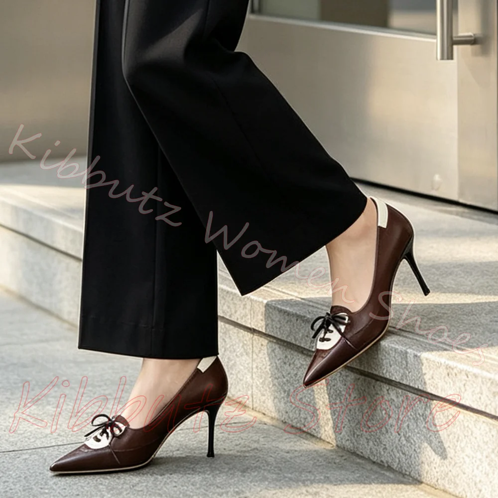 Pumps Contrast Trim Slim High Heels Women Pointed Toe Lace Up Leather Stiletto Fashion Commuter Wedding Party Shoes Elegant New
