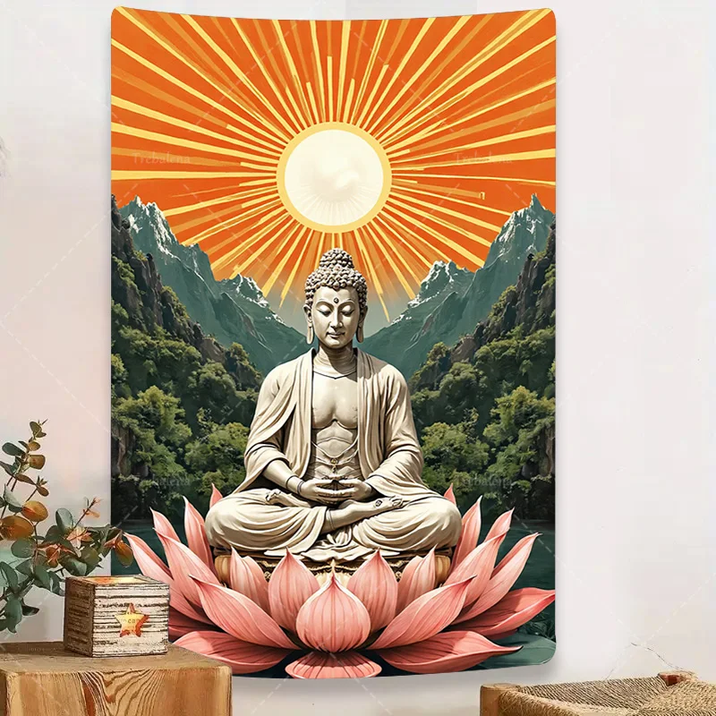 

1шт настенный гобелен "Будда на лотосе с изображением горного заката, настенный гобелен в стиле бохо"