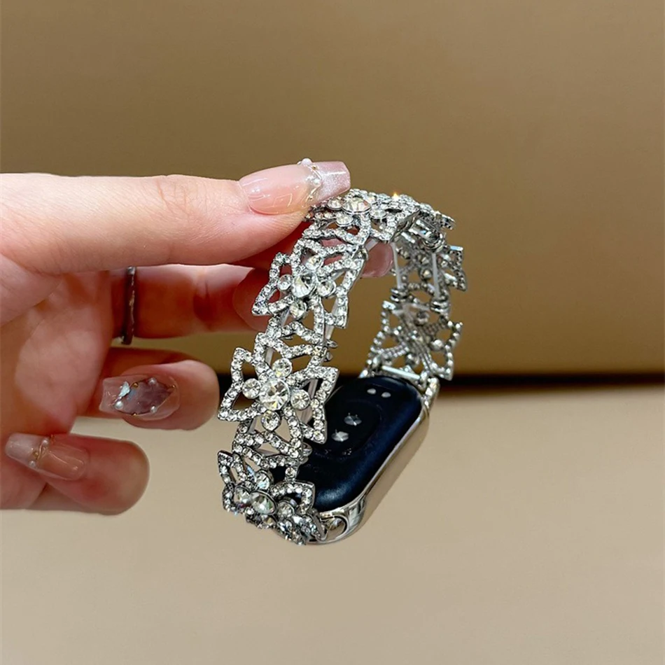 Strap For Xiaomi Mi Band 9 8 7 Pro Miband 5/6/3/4 Luxury Diamond Flower Bracelet Fashion Glitter Elastic Chain Metal Watch Band