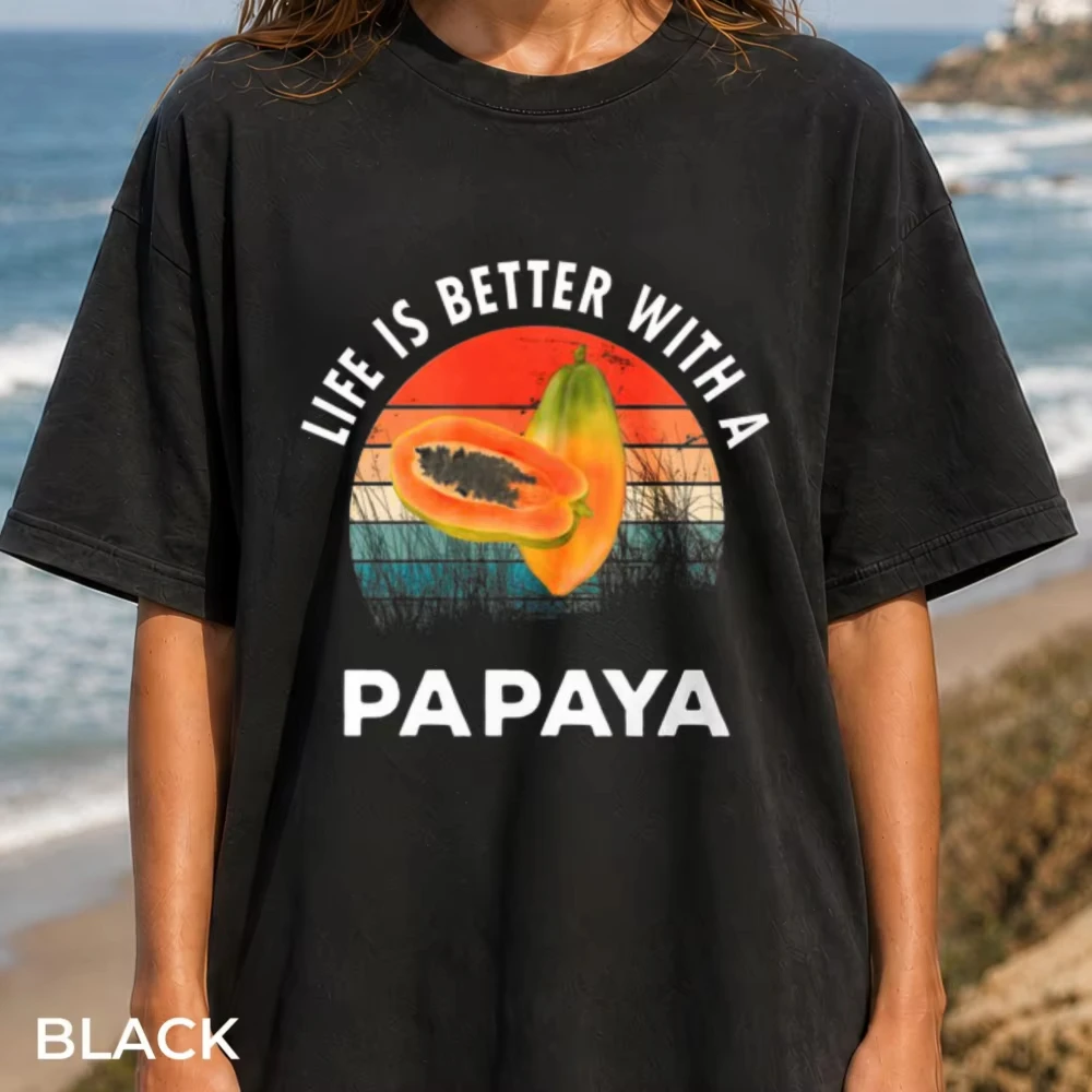 Life Is Better With Papaya Retro Sunset Fruit Graphic T Shirt Women Tropical Summer Cotton Tee Beach Vacation Fruit Lover Tops