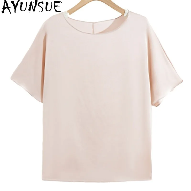AYUNSUE 90% Mulberry Silk Women's T-shirts Short Sleeve Tops for Woman Casual Pink T Shirt Summer Clothes for Woman Топ Женский