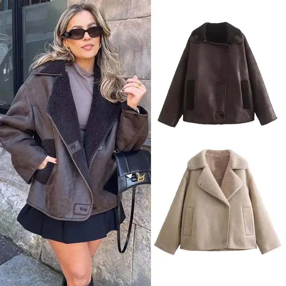

2025 Woman Thick Faux Leather Jackets For Women Coat Autumn Winter Warm Wool Blends Coats Demi-Season Plush Jacket Outerwear