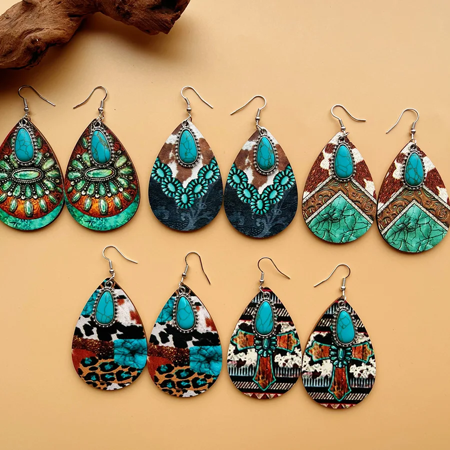 Pendientes colgantes de madera bohemios Retro Vintage, colgante de madera pintado a mano decorado con turquesa, accesorio de joyería con envío directo