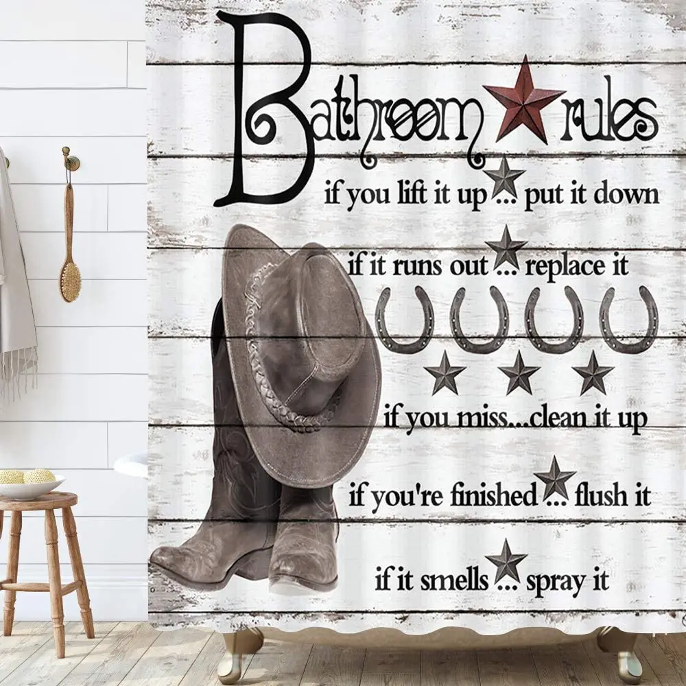 Western Gray Shower Curtain Bathroom Rules Funny Quotes Rustic Cowboy Hat Boot Rusty Star Horseshoe Vintage Farmhouse Rural