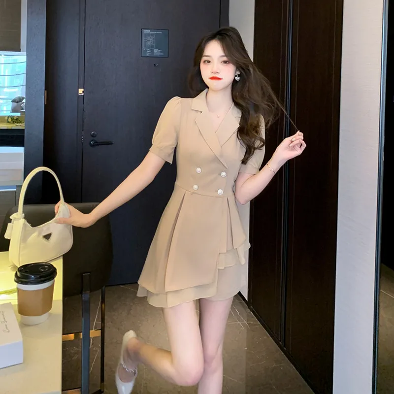 Real Photo Summer New OL Short Blazer Dress Outfits Bodycon Double Breasted Pleated Dress and Shorts Two-Piece Set Suits Female