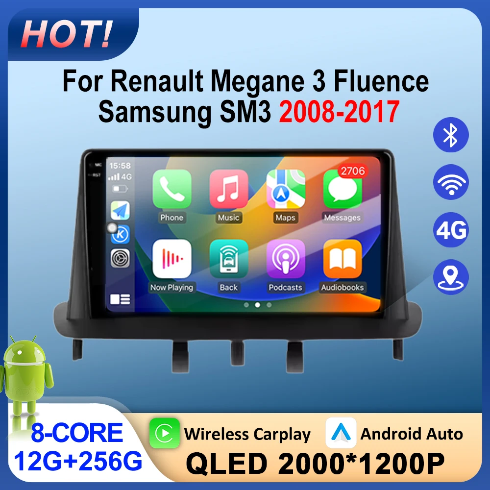 Radio para Auto Renault Megane 3 Fluence Samsung SM3 Modelos 2008-2017 Carplay Android 16 Reproductor Multimedia de Video Autoestéreo