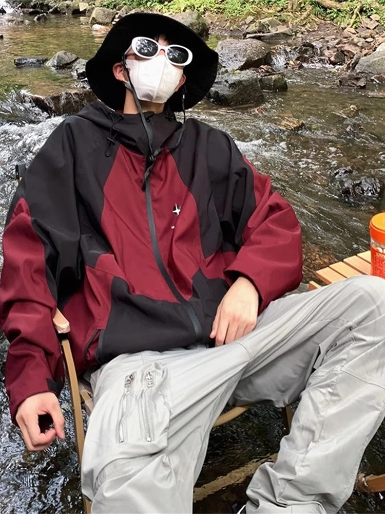 

American Retro Wine Red Soft ell Jaet Men's Spring Autumn Hiphop Functional Sle Workwear Coat Youth ular Loose Fit