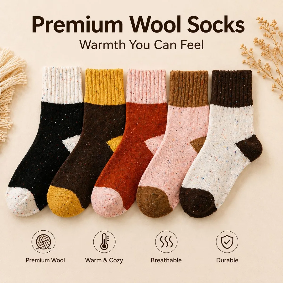 Women Wool Blend Mid‑Calf Socks Color Block Cuff Thick Thermal Winter Socks Soft Breathable Anti‑Odor Ladies Casual Crew Socks