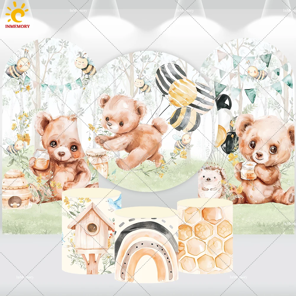 

Watercolor Bee Bears Honey Baby Shower Round Arch Backdrop Cover Forest Bear 1st Birthday Circle Background Cake Table Banner