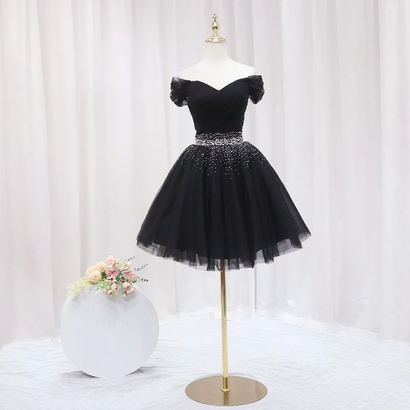 Black Short Evening Dresses Elegant Off The Shoulder Sequin Tulle Ball Gown Dress Lace Up Simple Vestido De Noche Customized