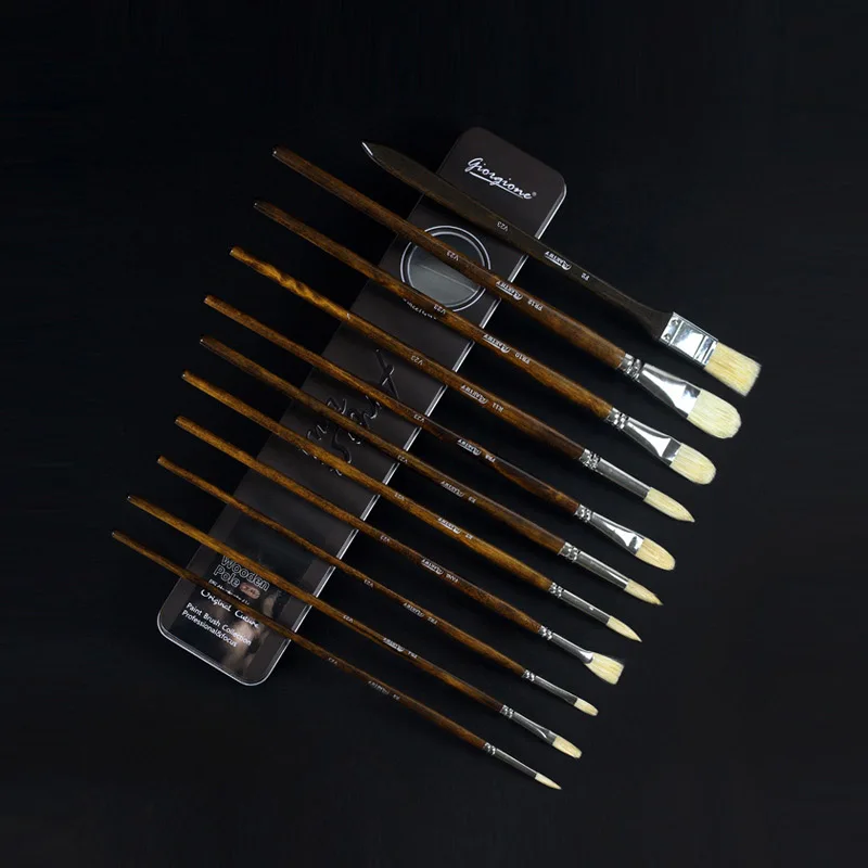 12 Pcs many types Bristles hair of painting brush Iron box Artist Paint Brushes Set for Watercolor Oil Acrylic Gouache Painting