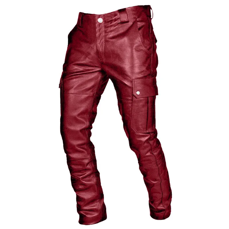 Men\'s Casual Leather Pants  Fashion Moto Biker Trousers Hip Hop Street Wear Y2K Clothing Male Motorcycle Pant With Cargo Pocket