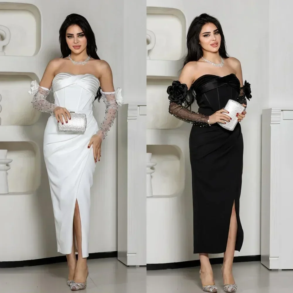 Customized Satin Rhinestone Handmade Flower Graduation Sheath Off-the-shoulder Bespoke Occasion Gown Midi Dresses
