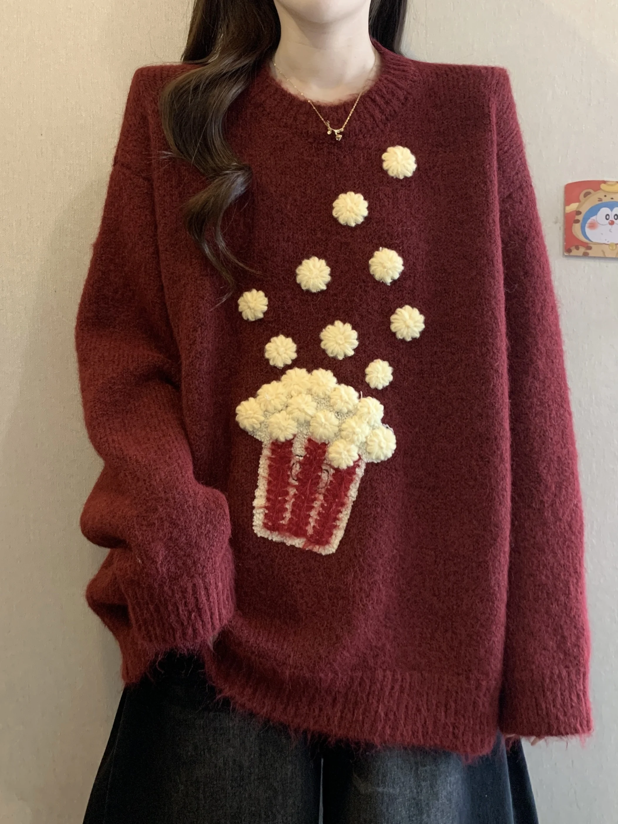 

plus Size Knitted Red Sweater Women's Autumn Winter Loose Soft Cartoon corn Flower Hook Knit Top for plus Size Women