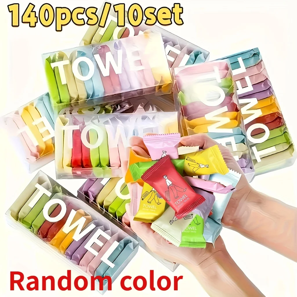 10set/140Pcs Random Color Compressed Towel Set Portable Travel Facial Tissue Disposable Multi-Purpose Wet and Dry Towels
