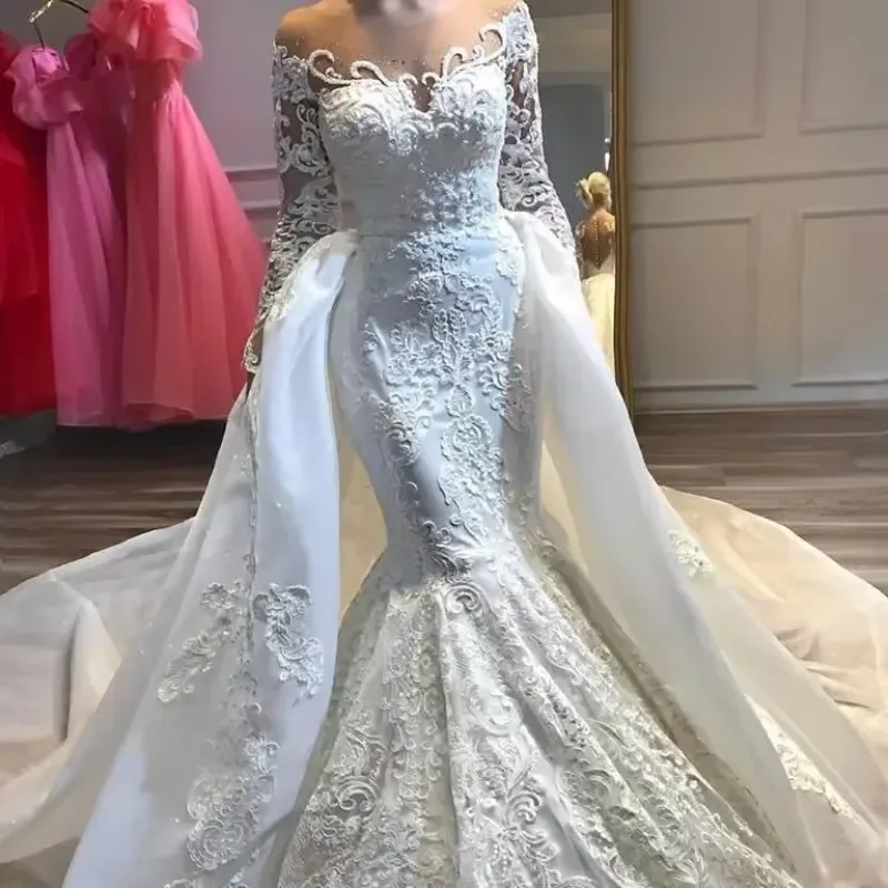 Customized Custom Made African Beaded Lace Mermaid Wedding Dresses Detachable Train Elegant Zipper Back Fish Tail Bridal Gowns