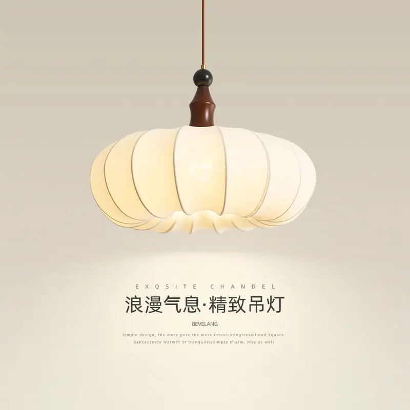 

Wabi-Sabi Style Walnut Wood Chandelier Vintage French Fabric Shade Cozy Study Light Master Bedroom room decor pendant light