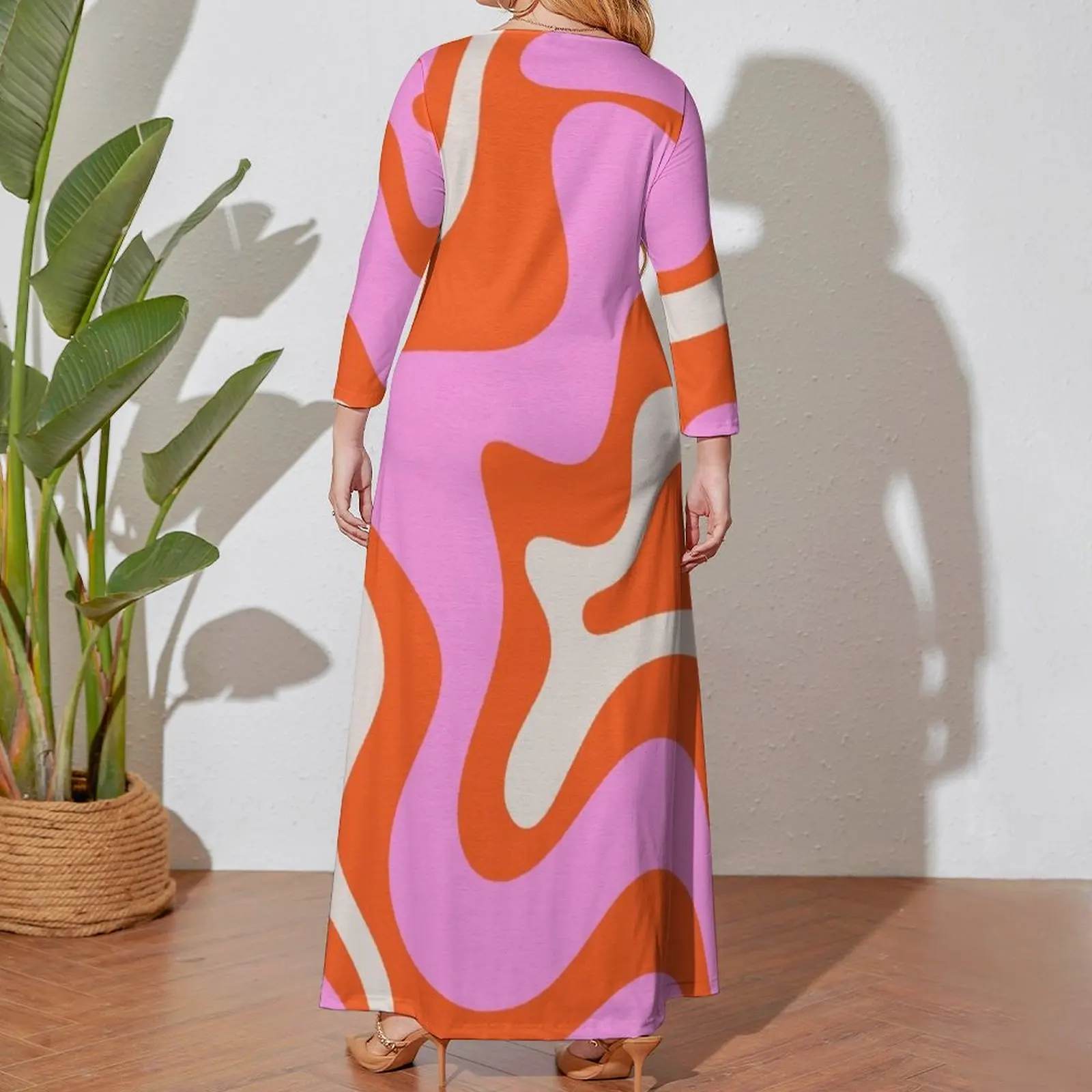 Retro Liquid Swirl Abstract Pattern Hot Pink Bright Orange Cream Long Sleeved Dress summer dresses women 2024 prom clothes