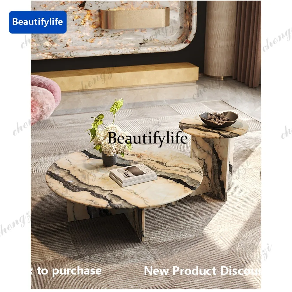 PP Smoke powder marble coffee table size round combination French small apartment natural luxury stone coffee table
