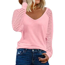 Mode Doorzichtig Gestreept T-Shirt Met Lange Mouwen Dames Herfst Losse V-Hals Pullover Tops Vrouwen Effen Kleur Casual Forens T-Shirts