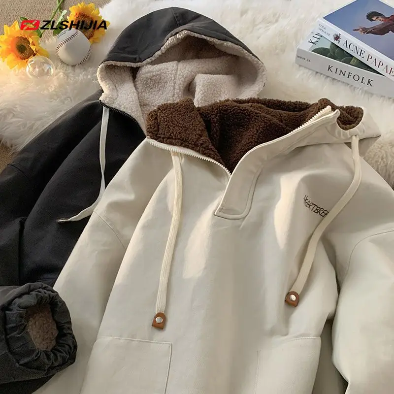 Korean Style Cashmere Lamb Wool Lining Warm Winter Hoodies Loose Oversized Sweaters Parkas Coat Unisex Varsity Clothes Harajuku