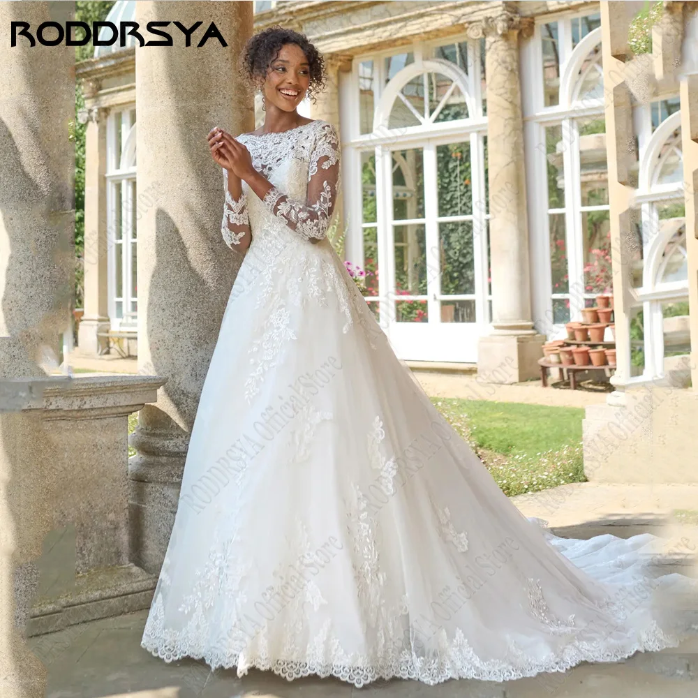 RODRSYA Civil Wedding Dresses Per 2024 Sposa Maniche Lunghe Backless Scoop Abiti Da SpoRODDRSYA abiti da sposa civili per la sposa 2024 maniche lunghe Backless Scoop abiti da sposa a-line Lace Applique vestido de noiva