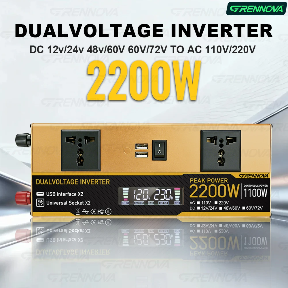 

Multi-Voltage Smart Inverter 2200W Peak (1100W Continuous) DC 12/24V 48/60V 60/72V to 110V 60Hz 220V 50Hz with Dual Sockets Car