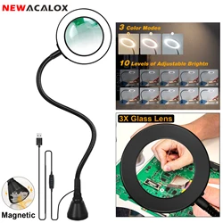USB 3X Magnifying Glass LED Desk Lamp Magnetic Flexible Gooseneck Illuminated Magnifier for Soldering Iron Repair Reading