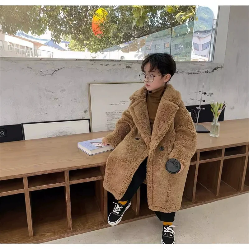 

Winter Children Lambswool Coat Boys Plush Jackets Girls Thickened Long-Length Parkas Autumn Warm Cotton Clothes Kids Outerwear