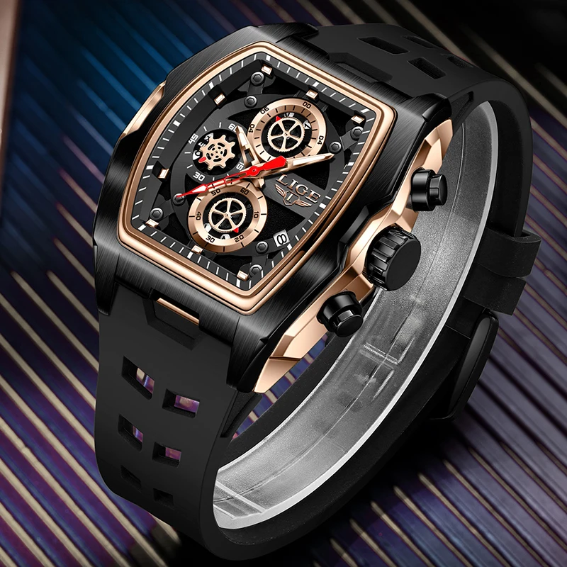LIGE موضة جديدة سيليكون ساعة مربعة الرجال العلامة التجارية الفاخرة العسكرية الطلب الكبير الرجال ساعة رياضية مقاوم للماء كوارتز كرونوغراف