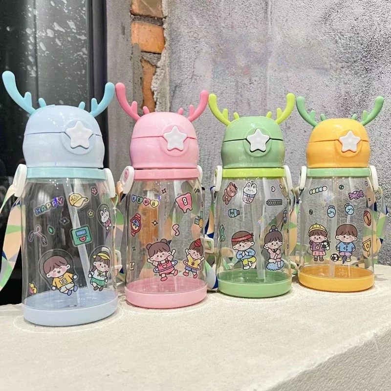 500ml Cartoon Deer Antler Children's Water Bottle Large Capacity Environmentally Friendly Plastic Straw Cup Girl's Water Bottle