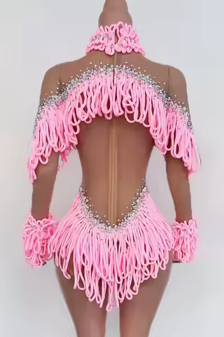New Fashion Pink Women Nightclub Party Performance Bodysuit Tassel Mesh Transparent Singer Dancer Costume Bar Stage Leotard