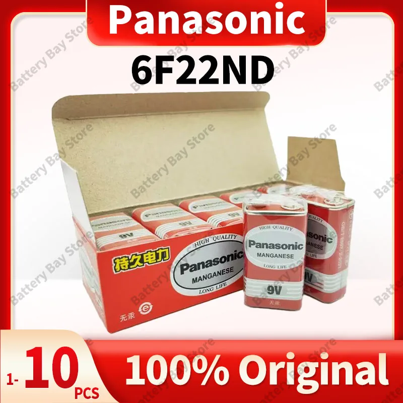 Batería Original Panasonic 6F22ND 9V Carbon-Zinc, paquete de 1-10 Uds., sin mercurio, protección contra fugas, para alarma/micrófono inalámbrico