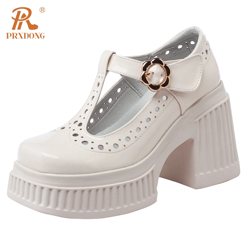 

PRXDONG New Brand Genuine Leather T-strap Black Beige Dress Party Wedding Shoes Woman Pumps Spring SUmmer High Heels Platform 39