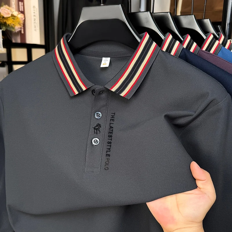 

Premium Quality Men's Polo Shirt Quick Drying Striped Collar Horse Print Long Sleeve Autumn Lapel T-Shirt Business Menswear Top
