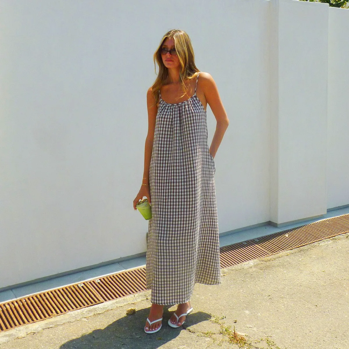 Vestidos 2025, novedad de verano para mujer, vestido holgado informal a cuadros con tirantes y espalda descubierta para mujer, Vestidos de estilo sencillo que combinan con todo para vacaciones