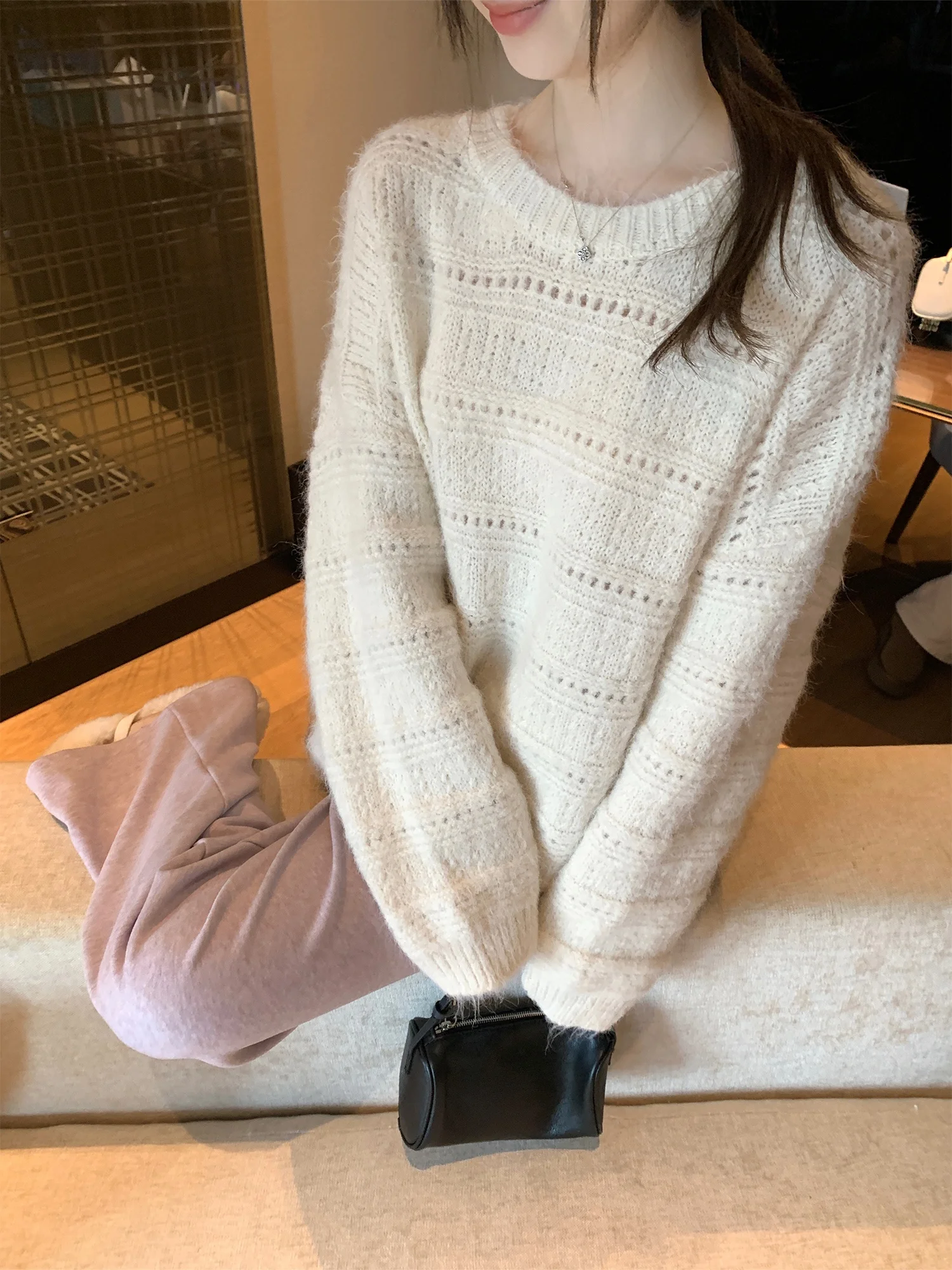 

Свободный вязаный свитер с длинными рукавами и ажурным узором «Миланский чайный цветок» для женщин: повседневный, удобный, стройнящий топ