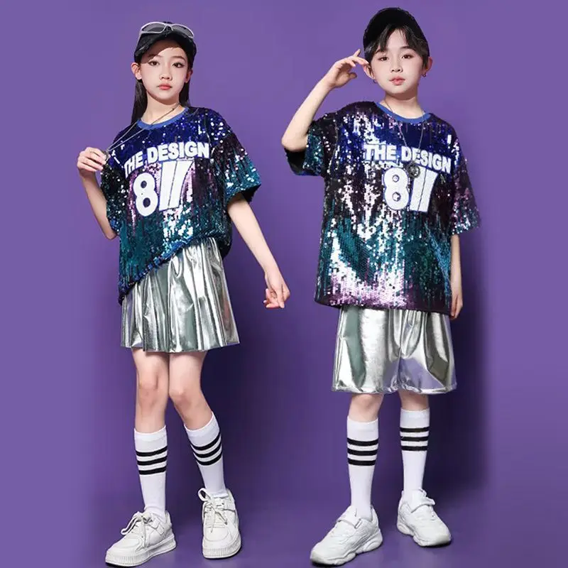 Stroje jazzowe hip-hopowe dla dzieci, modelki studyjne, wybieg, prowadzący program, moda, cekinowy garnitur, półki dla dzieci, perkusja, stroje cheerleaderek