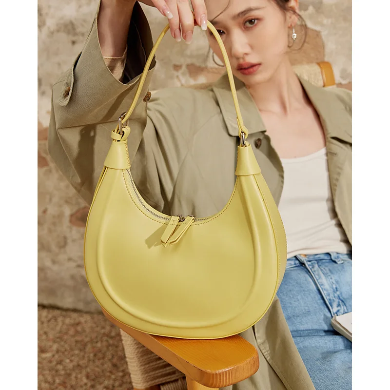 ZR DIARY Split Leather Circular Bags Women Shoulder Bags Zipper Closure Female Vintage Underarm Crescent Bag 9016