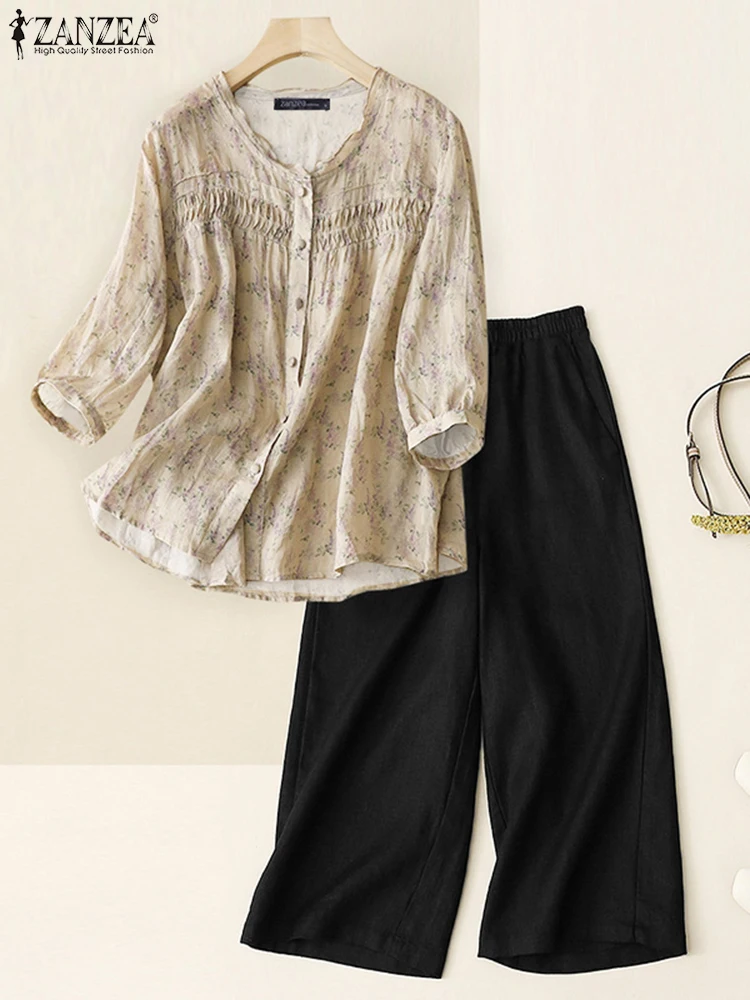ZANZEA-Conjuntos de pantalones de moda informales para mujer, camisas con estampado Floral de manga 3/4 y pantalones largos con cintura elástica, trajes de 2 piezas, otoño 2025