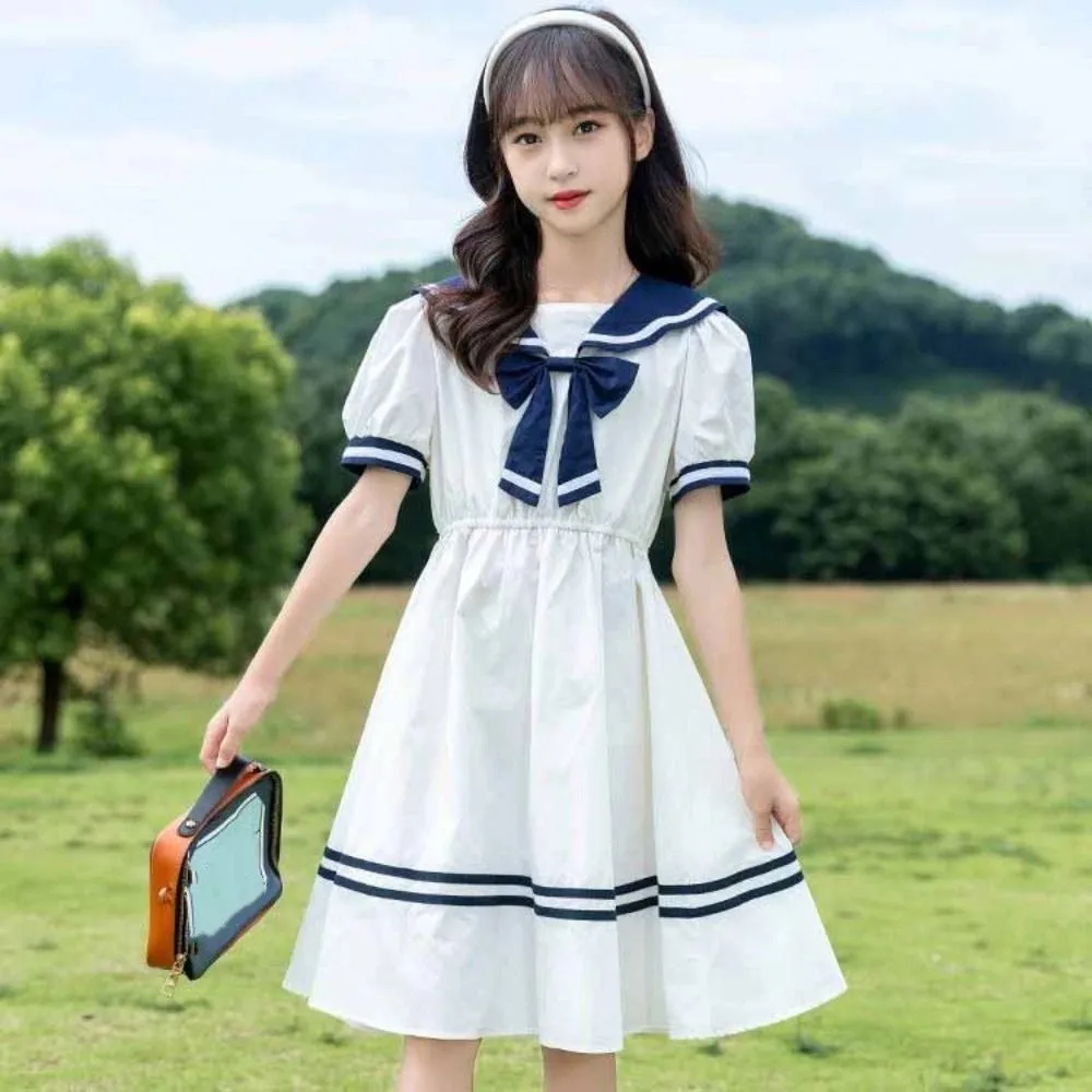 

Sweet Bow Girls Preppy Style Dress Teenagers Party Summer Dresses Pleated Beach Vacation Children Princess Dress Summer