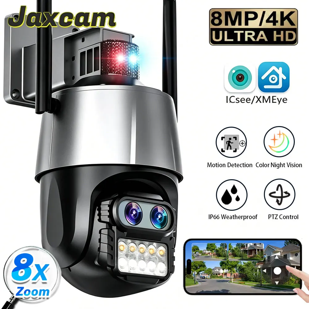 

8 МП 4K Wi-Fi камера для улицы с двумя объективами, PTZ, 8-кратным оптическим зумом, AI-детектором человека, цветным ночным видением, беспроводная IP-камера для видеонаблюдения